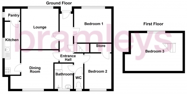 Floor Plan for 3 Bedroom Semi-Detached Bungalow for Sale in Hob Lane, Crosland Moor, Huddersfield, HD4, 5NY -  &pound220,000