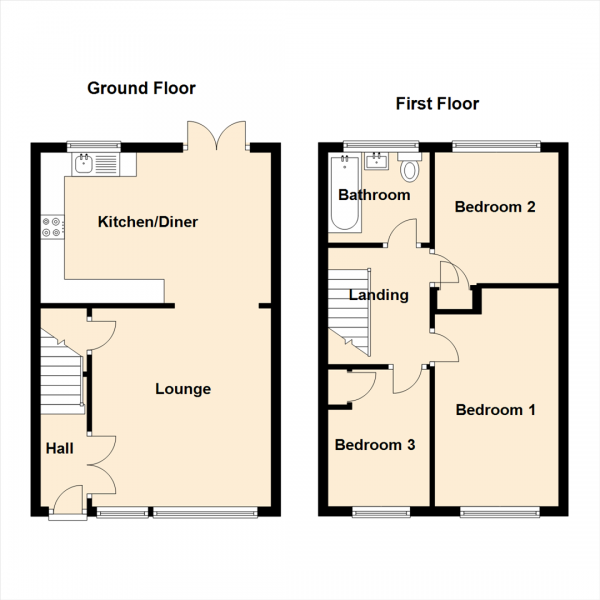 Floor Plan for 3 Bedroom Terraced House for Sale in Epsom Court, Newcastle Upon Tyne, NE3, 2UW - Offers Over &pound185,000