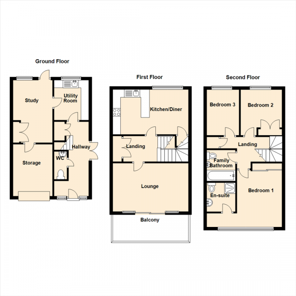 Floor Plan Image for 3 Bedroom End of Terrace House for Sale in Fairway Close, Brunton Park, Newcastle Upon Tyne