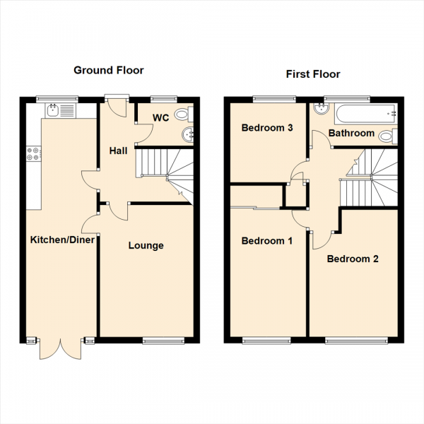 Floor Plan for 3 Bedroom Terraced House for Sale in Willow Gardens, Killingworth, Newcastle Upon Tyne, NE12, 6SD - Offers Over &pound115,000