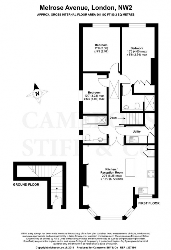 Floor Plan Image for 3 Bedroom Apartment for Sale in Melrose Avenue, Willesden Green