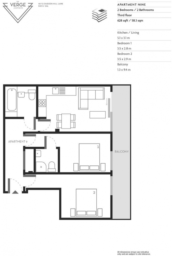 Floor Plan Image for 2 Bedroom Apartment for Sale in The Verge Apartments, 46-52 Dudden Hill Lane, Dollis Hill