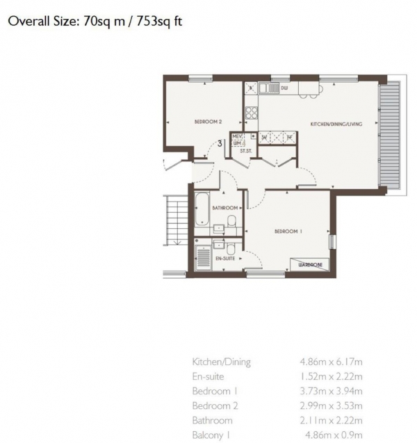 Floor Plan Image for 2 Bedroom Apartment for Sale in Gladstone Village, Mark Twain Drive, Dollis Hill