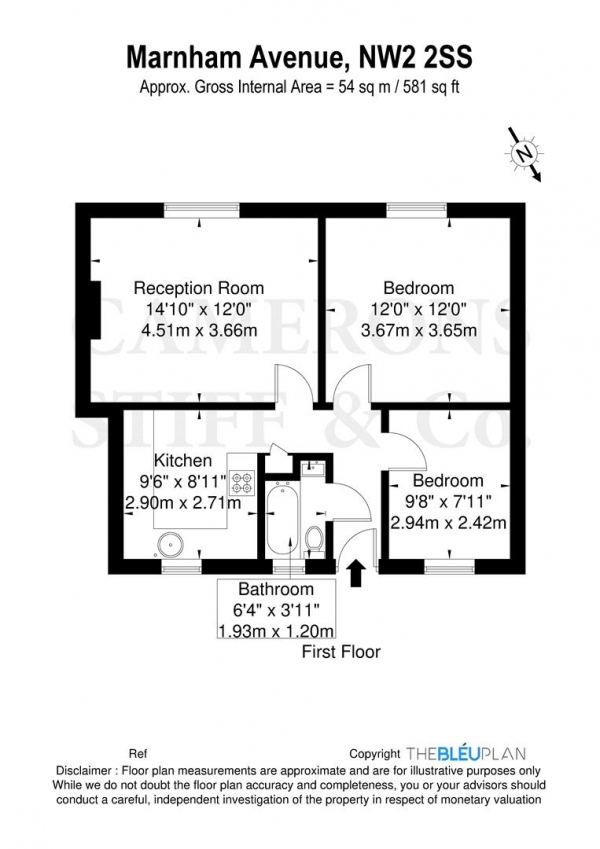 Floor Plan for 2 Bedroom Flat to Rent in Marnham Avenue, London, NW2, 2SS - £306 pw | £1325 pcm