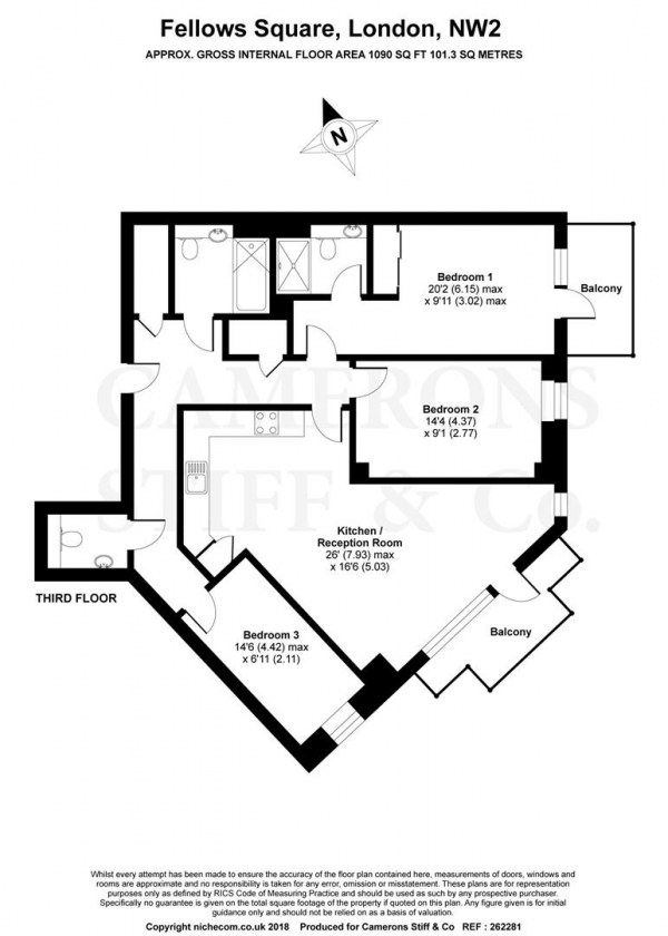 Floor Plan Image for 3 Bedroom Flat to Rent in Burnell Building, Cricklewood