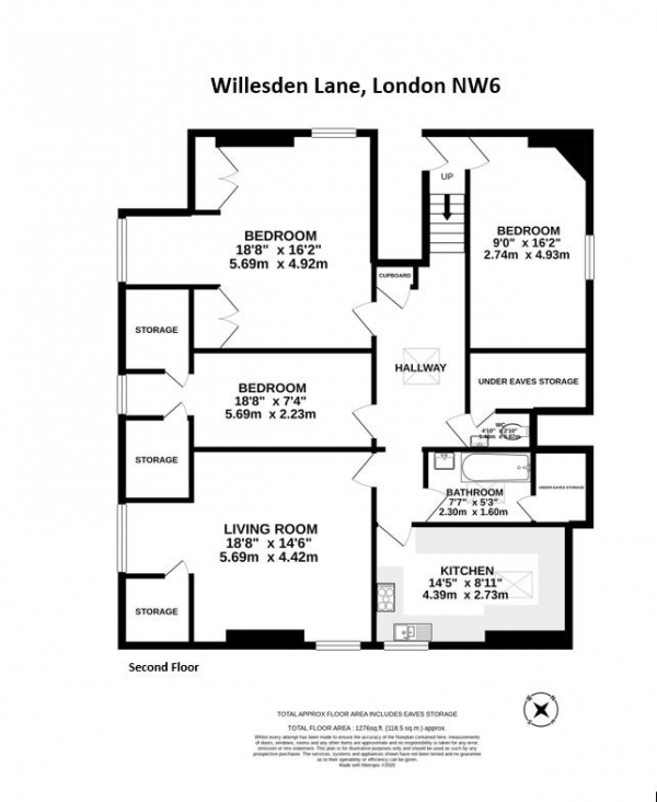 Floor Plan Image for 3 Bedroom Flat to Rent in Willesden Lane, London