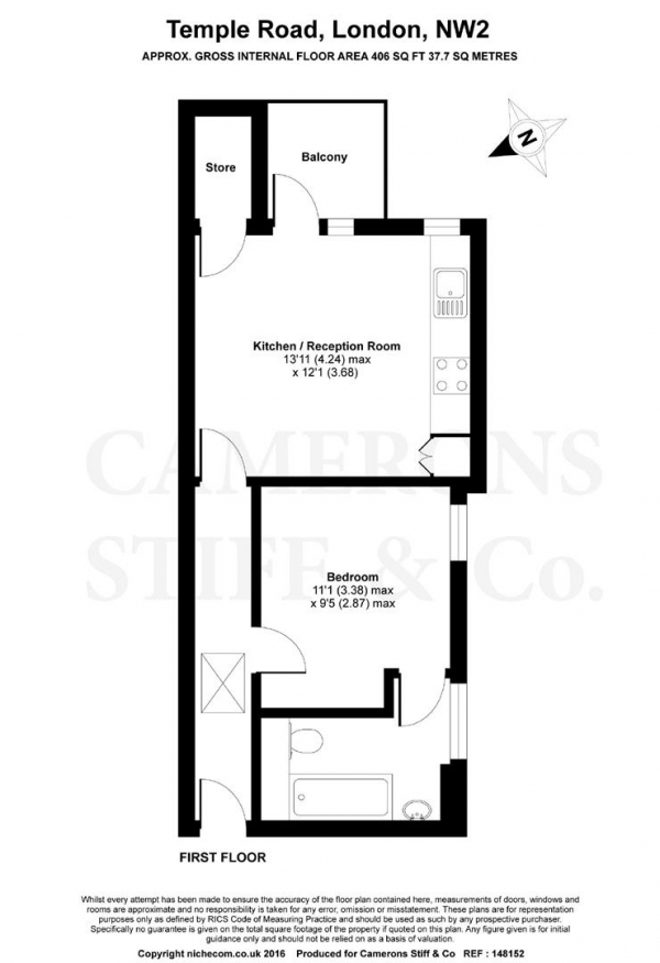 Floor Plan Image for 1 Bedroom Apartment to Rent in Temple Road, Cricklewood NW2