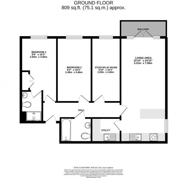 Floor Plan Image for 3 Bedroom Apartment for Sale in Jefferson House, West Drayton