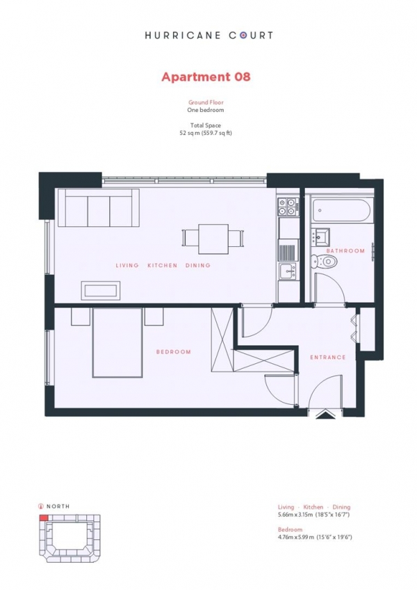Floor Plan for 1 Bedroom Apartment for Sale in Hurricane Court, Heron Drive, Langley, SL3, 8FA - Guide Price &pound240,000