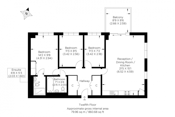 Floor Plan Image for 3 Bedroom Flat for Sale in Jefferson Plaza, Bow E3