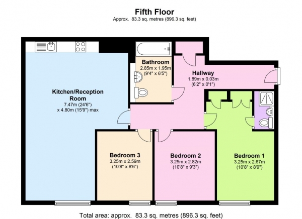 Floor Plan Image for 3 Bedroom Flat to Rent in SPACIOUS LIVING IN MODERN PORTERED DEVELOPMENT