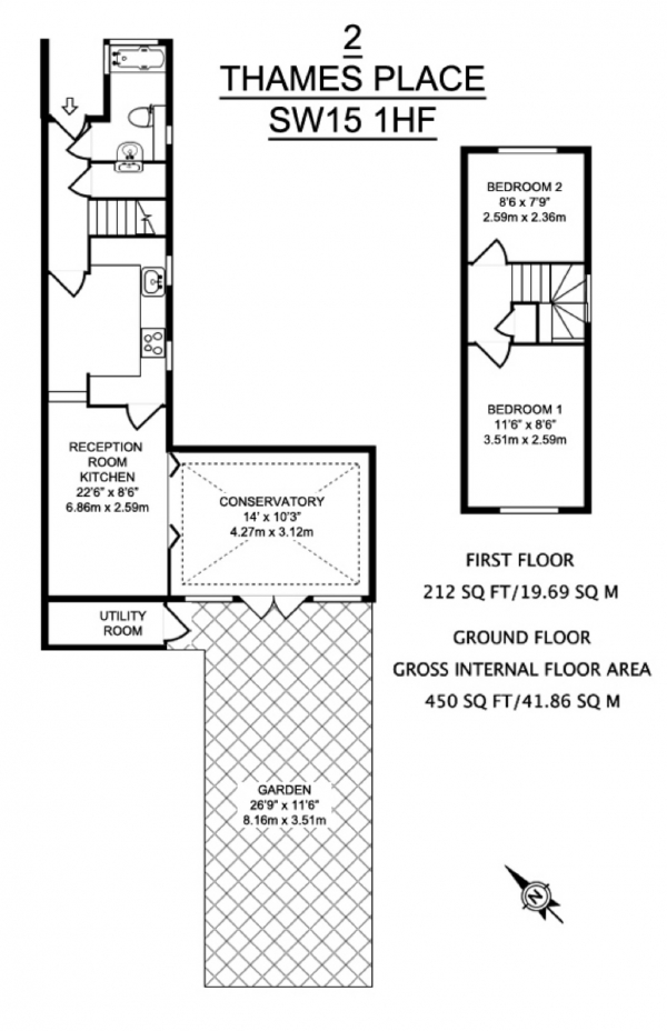Floor Plan for 2 Bedroom Property to Rent in Thames Place, London, SW15, 1HF - £450 pw | £1950 pcm
