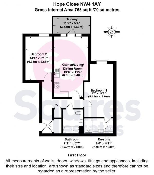 Floor Plan for 2 Bedroom Flat for Sale in Hope Close, Hendon, London, NW4, 1AY -  &pound435,000