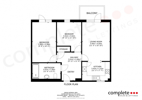 Floor Plan for 2 Bedroom Retirement Property for Sale in Queensway Court, Queensway, Leamington Spa, CV31, 3LQ - Offers Over &pound200,000