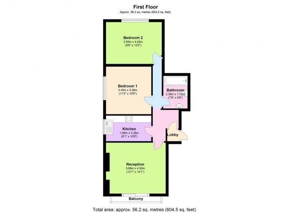 Floor Plan for 2 Bedroom Apartment to Rent in Great Value - 2 Double Bed - Balcony - West Hamsptead, NW6, 3RG - £375  pw | £1625 pcm