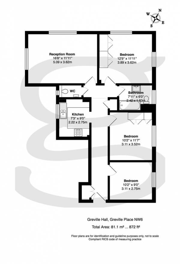 Floor Plan for 3 Bedroom Apartment for Sale in Greville Hall, Greville Place, NW6, NW6, 5JT - Guide Price &pound750,000