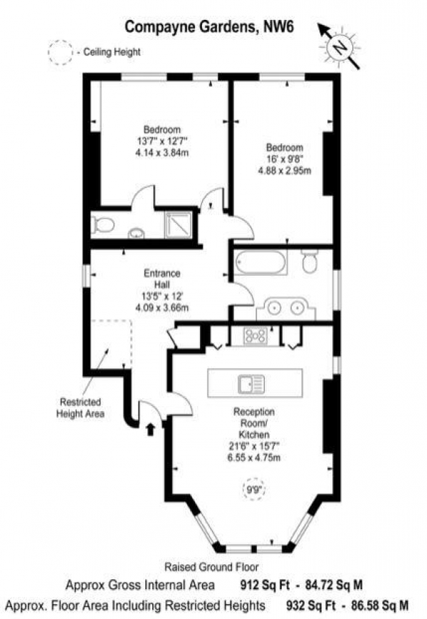 Floor Plan Image for 2 Bedroom Apartment to Rent in Compayne Gardens, South Hampstead NW6