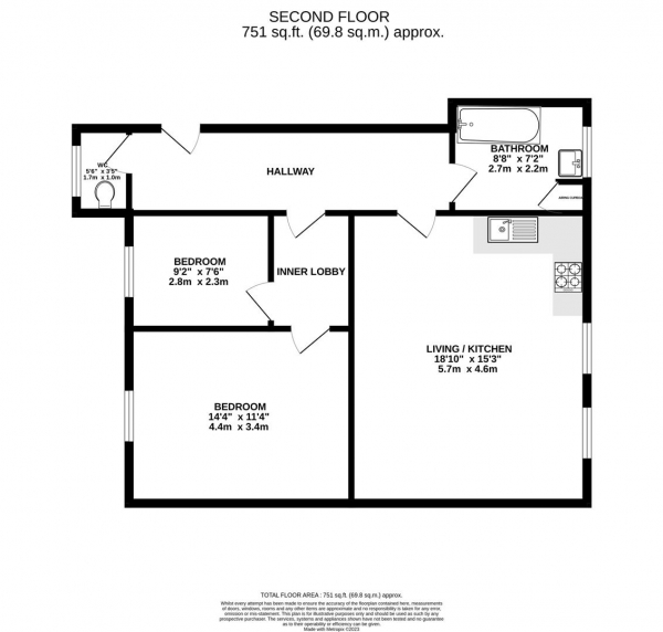 Floor Plan for 2 Bedroom Flat for Sale in Broadwater Road, Worthing, BN14, 8AD - Guide Price &pound200,000