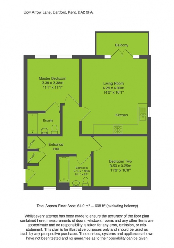 Floor Plan for 2 Bedroom Flat for Sale in Bow Arrow Lane, Dartford, DA2, 6PA - Guide Price &pound250,000