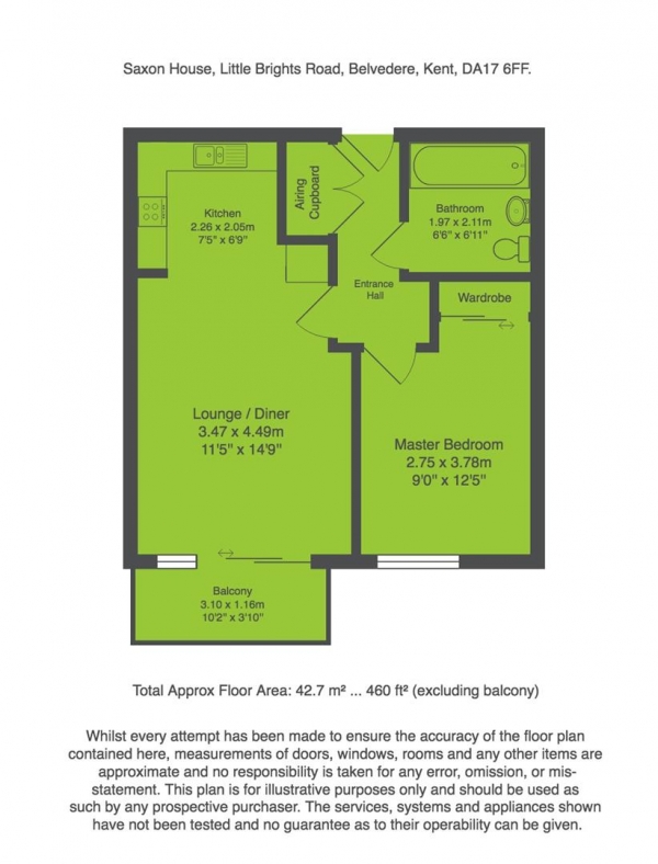 Floor Plan for 1 Bedroom Flat for Sale in Little Brights Road, Belvedere, DA17, 6FF - Guide Price &pound190,000