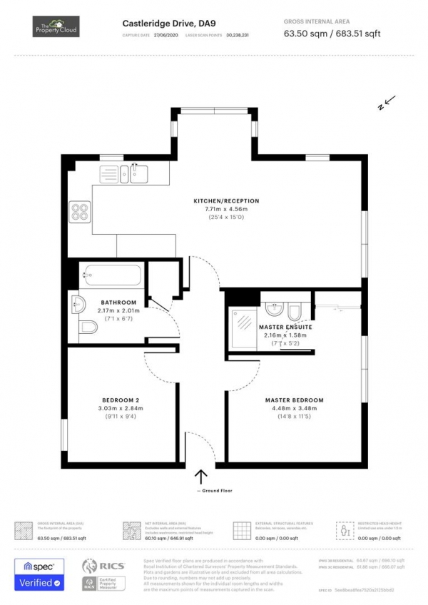 Floor Plan for 2 Bedroom Flat for Sale in Castleridge Drive, Greenhithe, DA9, 9WT - Guide Price &pound260,000