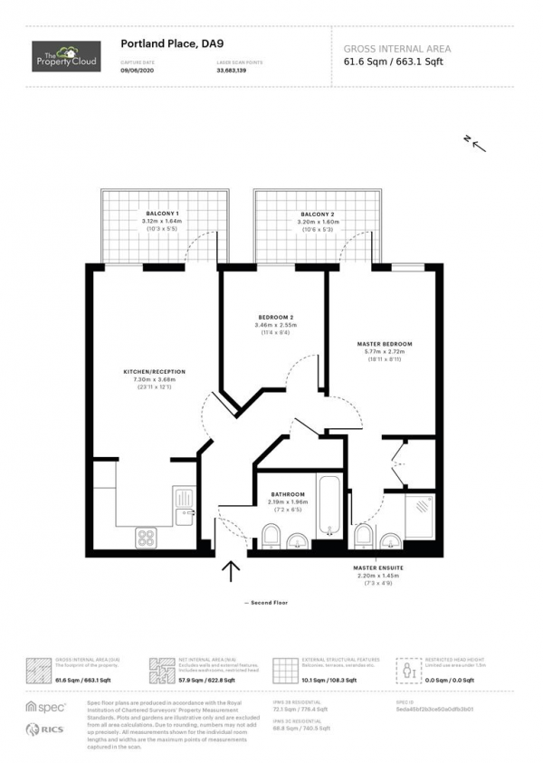 Floor Plan for 2 Bedroom Flat to Rent in Portland Place, Greenhithe, DA9, 9FE - £288 pw | £1250 pcm