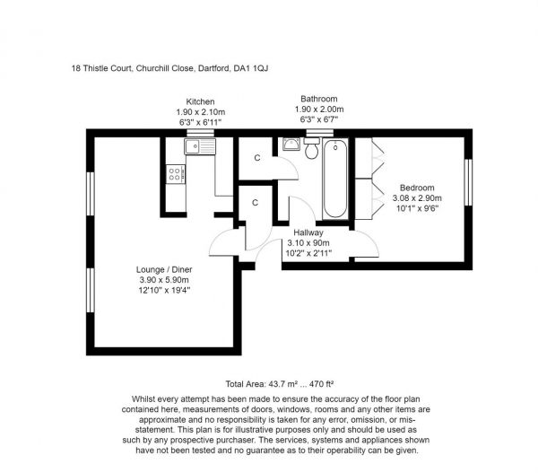 Floor Plan for 1 Bedroom Flat to Rent in Churchill Close, Dartford, DA1, 1QJ - £190 pw | £825 pcm