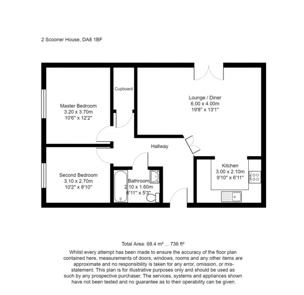 Floor Plan for 2 Bedroom Flat to Rent in Chichester Wharf, Erith, DA8, 1BF - £265 pw | £1150 pcm