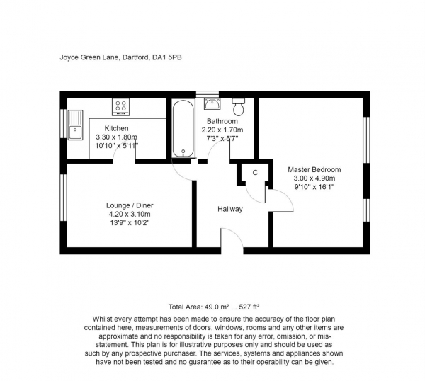 Floor Plan for 1 Bedroom Flat for Sale in Joyce Green Lane, Dartford, DA1, 5PB - Guide Price &pound170,000