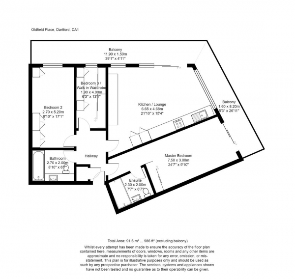 Floor Plan Image for 3 Bedroom Flat for Sale in Oldfield Place, Dartford