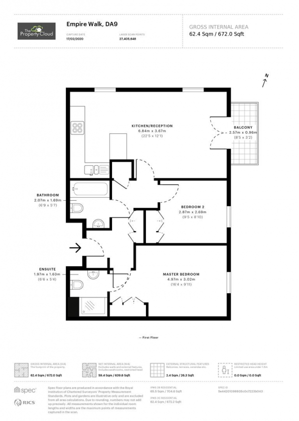 Floor Plan for 2 Bedroom Flat to Rent in Empire Walk, Greenhithe, DA9, 9FU - £265 pw | £1150 pcm