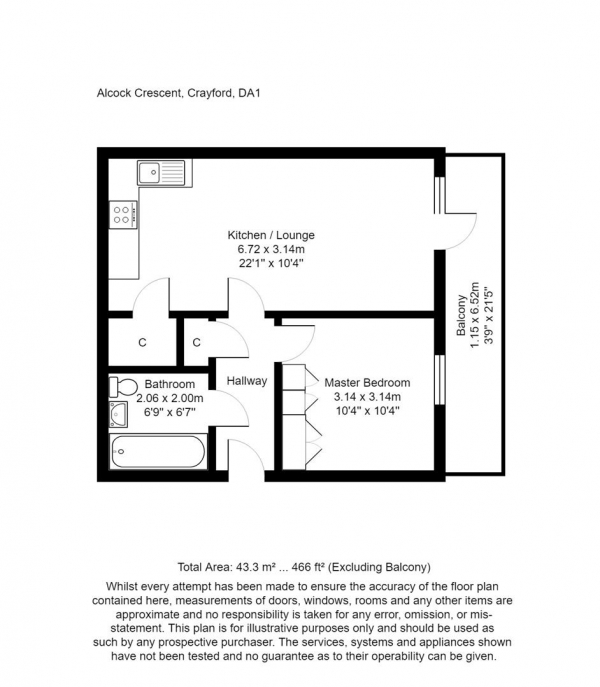 Floor Plan for 1 Bedroom Flat to Rent in Alcock Crescent, Crayford, Dartford, DA1, 4FQ - £254 pw | £1100 pcm