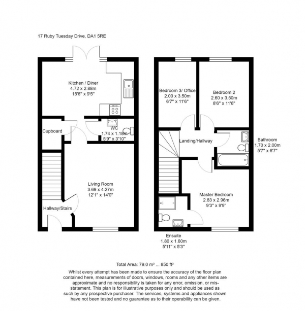 Floor Plan for 3 Bedroom End of Terrace House to Rent in Ruby Tuesday Drive, Dartford, DA1, 5RE - £346 pw | £1500 pcm