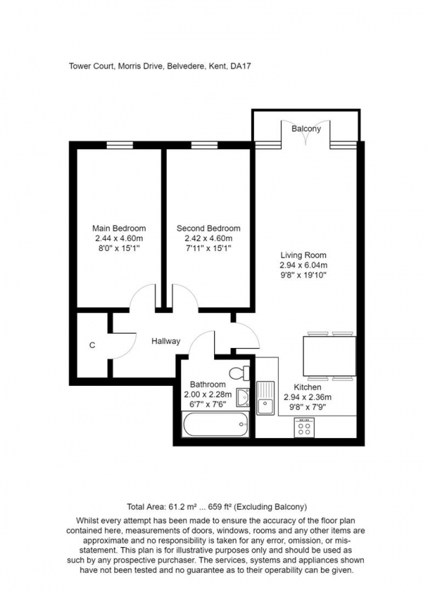 Floor Plan for 2 Bedroom Flat for Sale in Morris Drive, Belvedere, DA17, 6FL - Offers Over &pound250,000