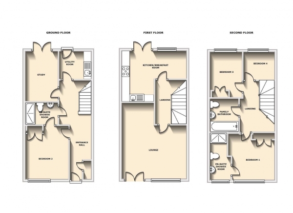 Floor Plan for 4 Bedroom Town House for Sale in Longstork Road, Coton Meadows, Rugby, CV23, 0GB - Offers Over &pound245,000