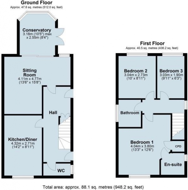 Floor Plan for 3 Bedroom Detached House for Sale in Welland Close, Long Lawford, Rugby, CV23, 9SX - Offers Over &pound235,000