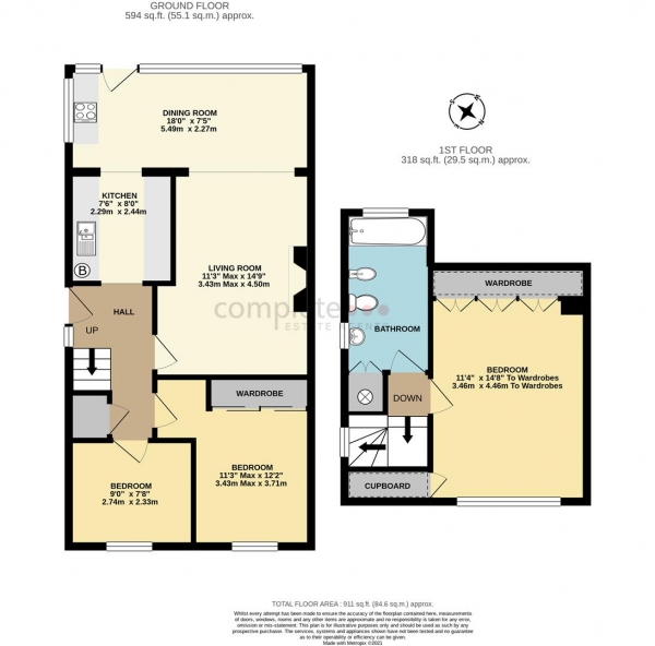 Floor Plan for 3 Bedroom Semi-Detached Bungalow for Sale in Carlton Road, Rugby, CV22, 7PD - Offers Over &pound210,000