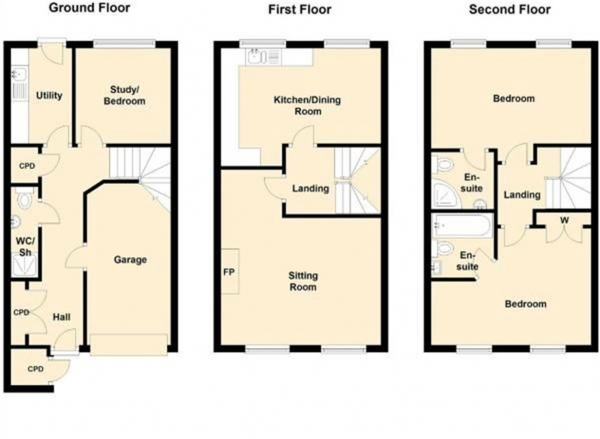 Floor Plan for 3 Bedroom Town House for Sale in Viaduct Close, Rugby, CV21, 3FD - Offers Over &pound260,000