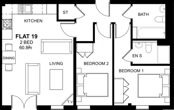 Floor Plan for 2 Bedroom Apartment for Sale in Crescent House, Woodside Park, Rugby, CV21, 2NZ - Guide Price &pound160,000