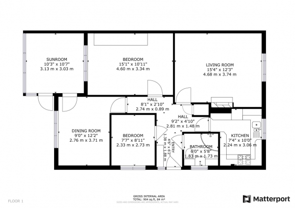 Floor Plan for 3 Bedroom Semi-Detached Bungalow for Sale in Beatty Drive, Bilton, Rugby, CV22, 7ET - Guide Price &pound279,950