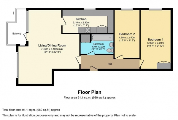 Floor Plan for 2 Bedroom Flat for Sale in Hillman House, Smithford Way, City Centre, Coventry, CV1, 1FZ - Offers Over &pound100,000