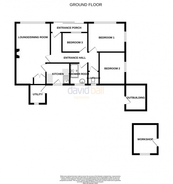 Floor Plan for 3 Bedroom Detached Bungalow for Sale in Ellenglaze, Cubert, Newquay, TR8, 5PA - Offers in Excess of &pound395,000