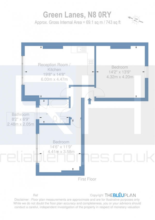 Floor Plan Image for 2 Bedroom Apartment to Rent in Green Lanes, Crouch End, London, N8