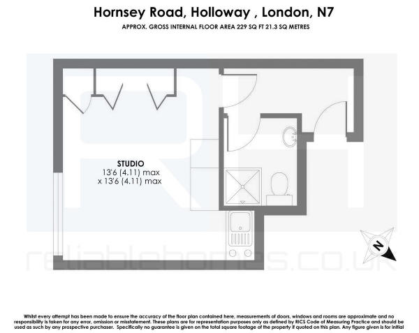 Floor Plan Image for Studio to Rent in Hornsey Road, Islington, London, N7