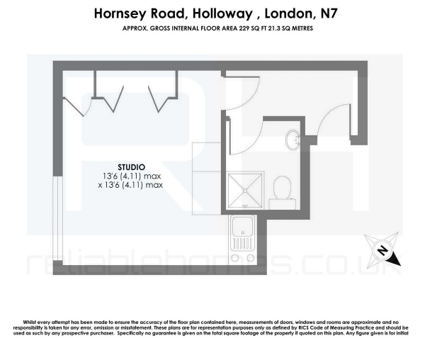 Floor Plan for Studio to Rent in Hornsey Road, Holloway, London, N7, N7, 7DD - £277 pw | £1200 pcm