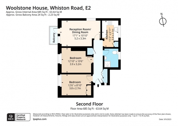 Floor Plan for 2 Bedroom Flat for Sale in Woolstone House, Whiston Road, London, E2, 8RT -  &pound475,000