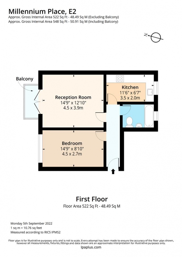 Floor Plan for 1 Bedroom Flat for Sale in Millennium Place, London, E2, 9NL - Guide Price &pound325,000