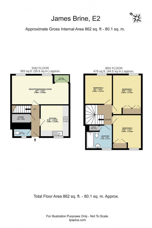 Floor Plan for 3 Bedroom Flat to Rent in James Brine House, Ravenscroft Street, London, E2, 7QQ - £808 pw | £3500 pcm