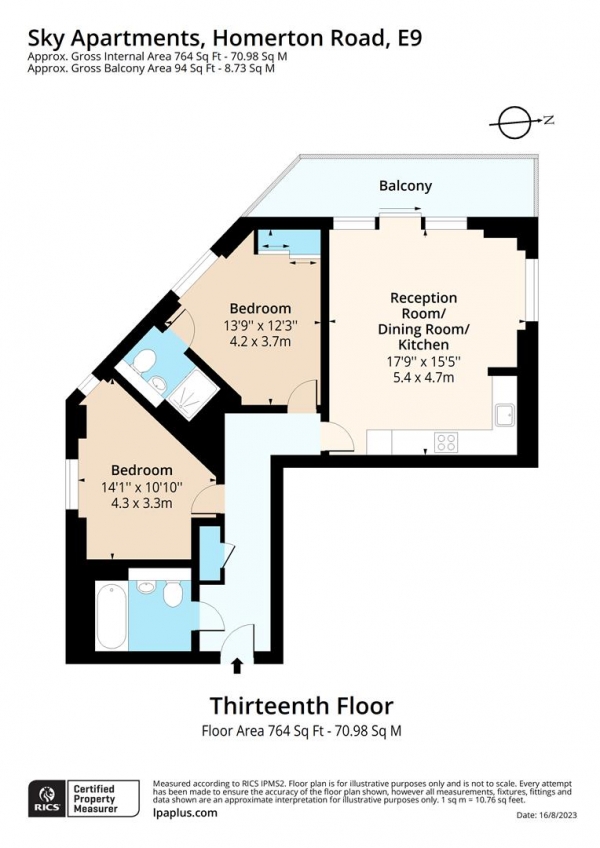 Floor Plan for 2 Bedroom Flat to Rent in Sky Apartments, Homerton Road, London, E9, 5FA - £635 pw | £2750 pcm