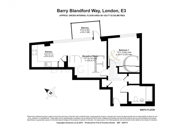 Floor Plan for 1 Bedroom Apartment to Rent in Stanley Turner House, London, E3, 3XD - £346 pw | £1500 pcm